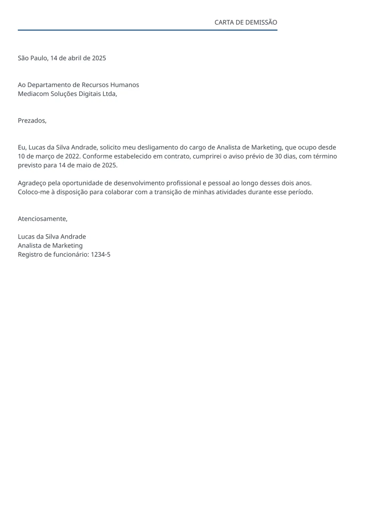 como se faz uma carta de demissão