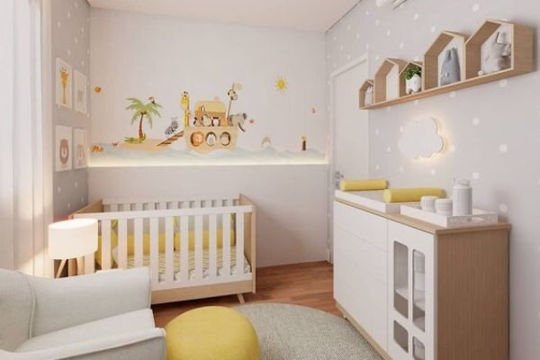 decoração de quarto de bebê cinza e amarelo