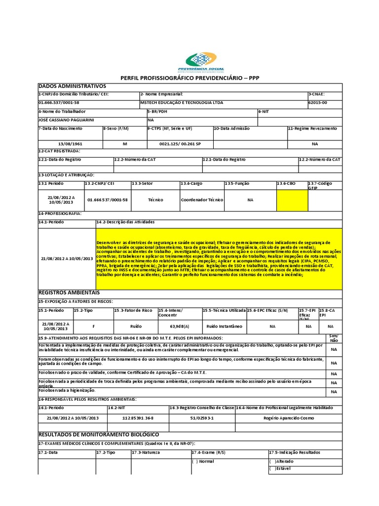 um ppp perfil profissiográfico previdenciário