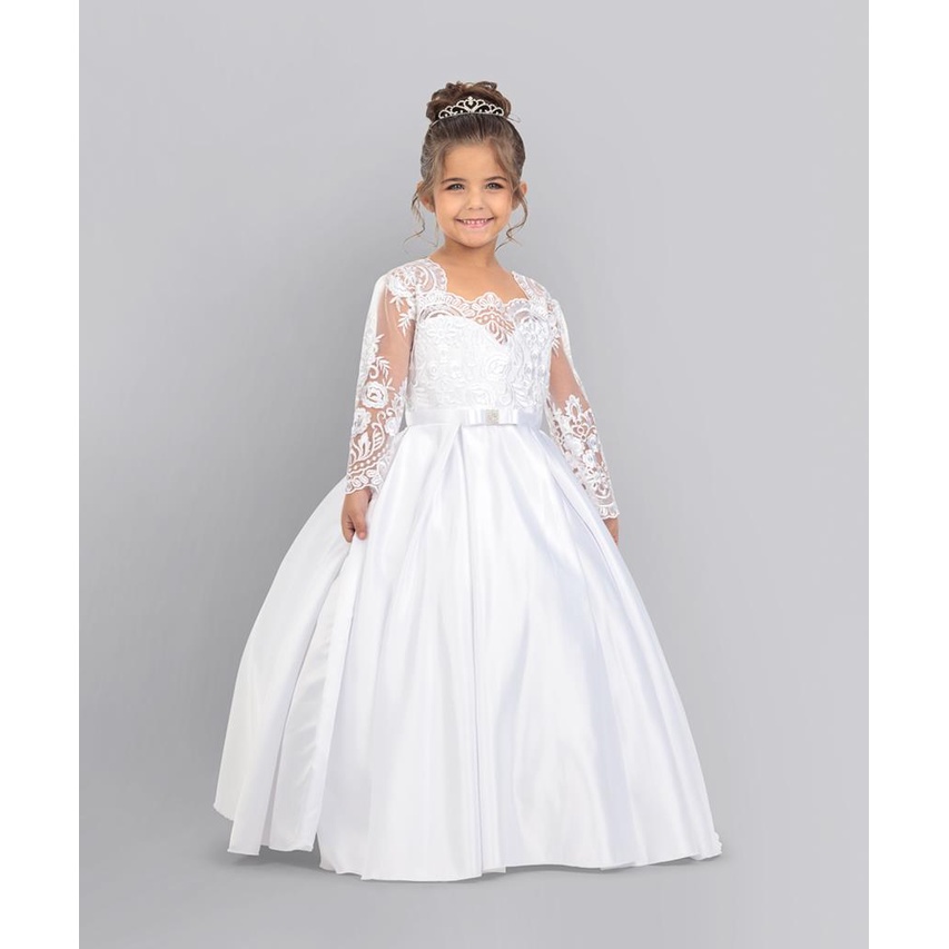 vestido de daminha branco com detalhes em dourado